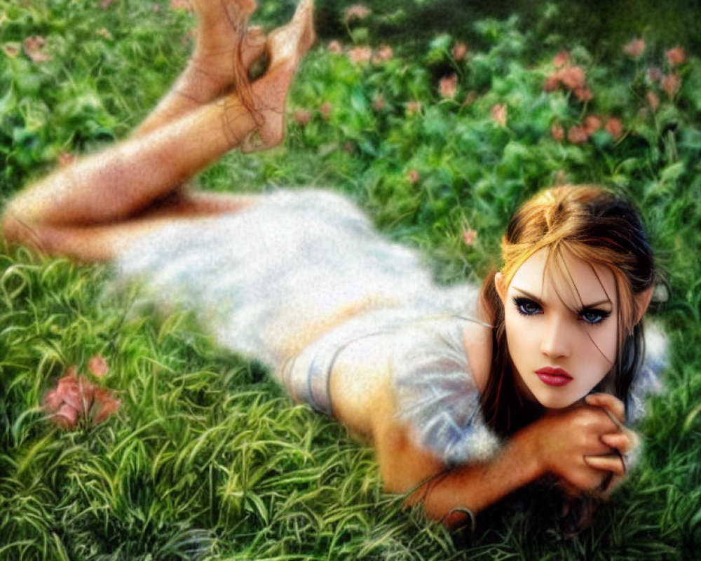 Person lying on stomach in grass with bare feet up, head on hands, intense expression
