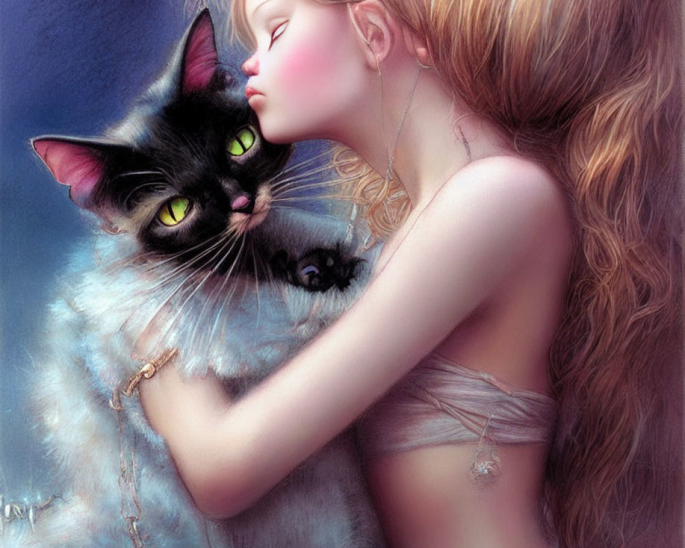 Blonde Woman Embracing Black Cat in Affectionate Moment