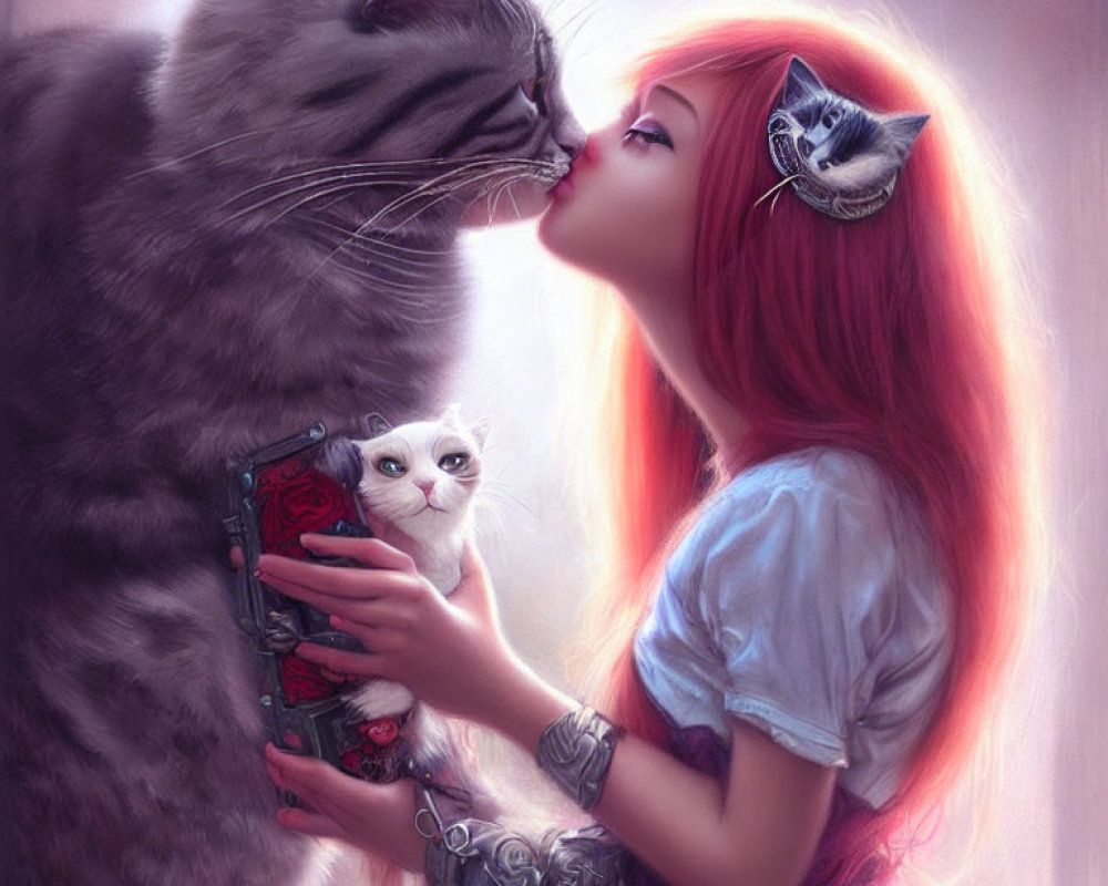 Illustration of woman with red hair kissing grey cat with cat ears, holding white kitten and cat-faced