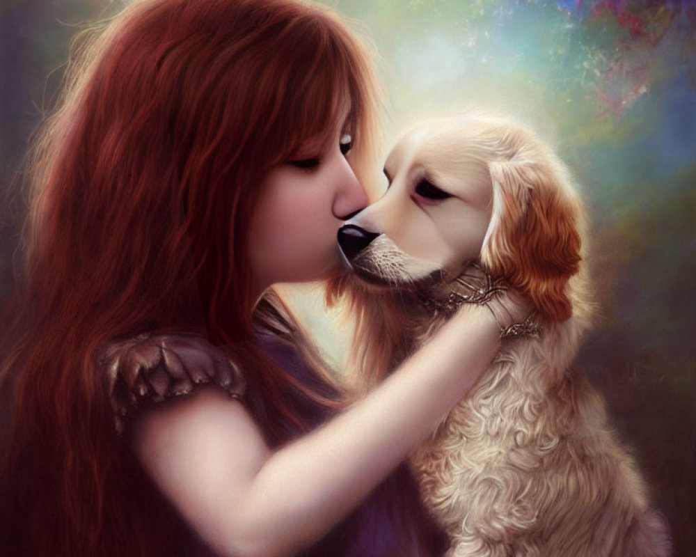 Red-haired woman nuzzling cream puppy in colorful setting