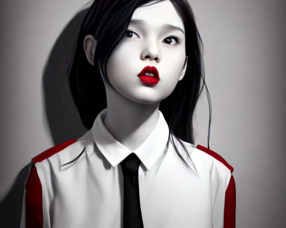 Monochromatic image of female with red lips and grayscale outfit
