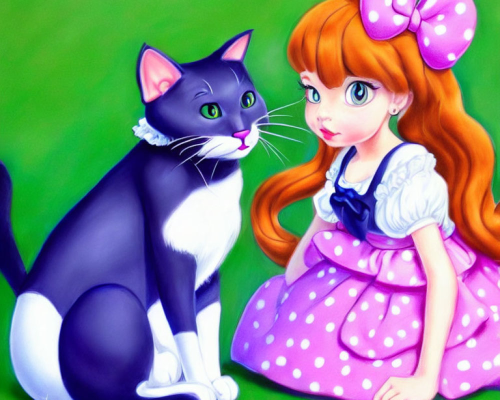 Girl with Pink Bow Sitting Next to Black and White Cat on Green Background