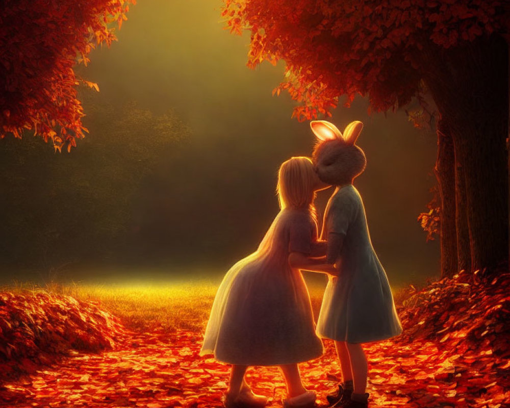 Young girl in dress with rabbit-like figure in autumn forest with warm light