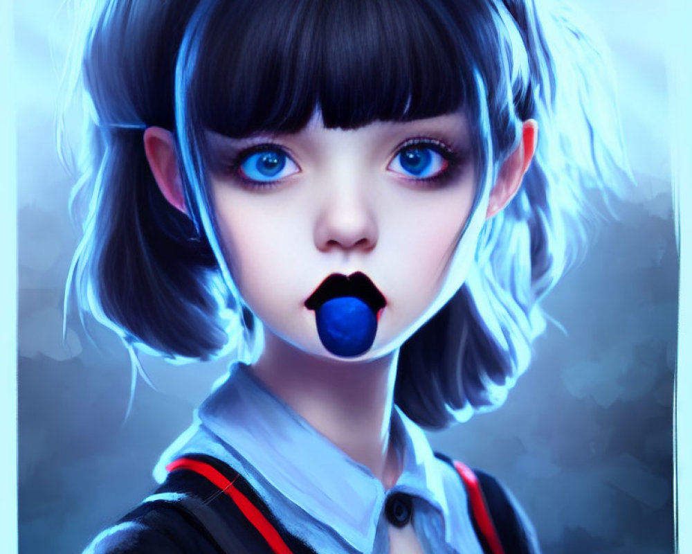 Stylized digital art: young girl with blue eyes, dark hair, and pill on tongue