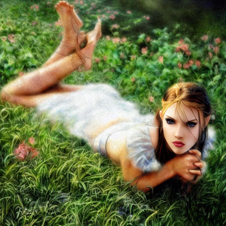 Person lying on stomach in grass with bare feet up, head on hands, intense expression
