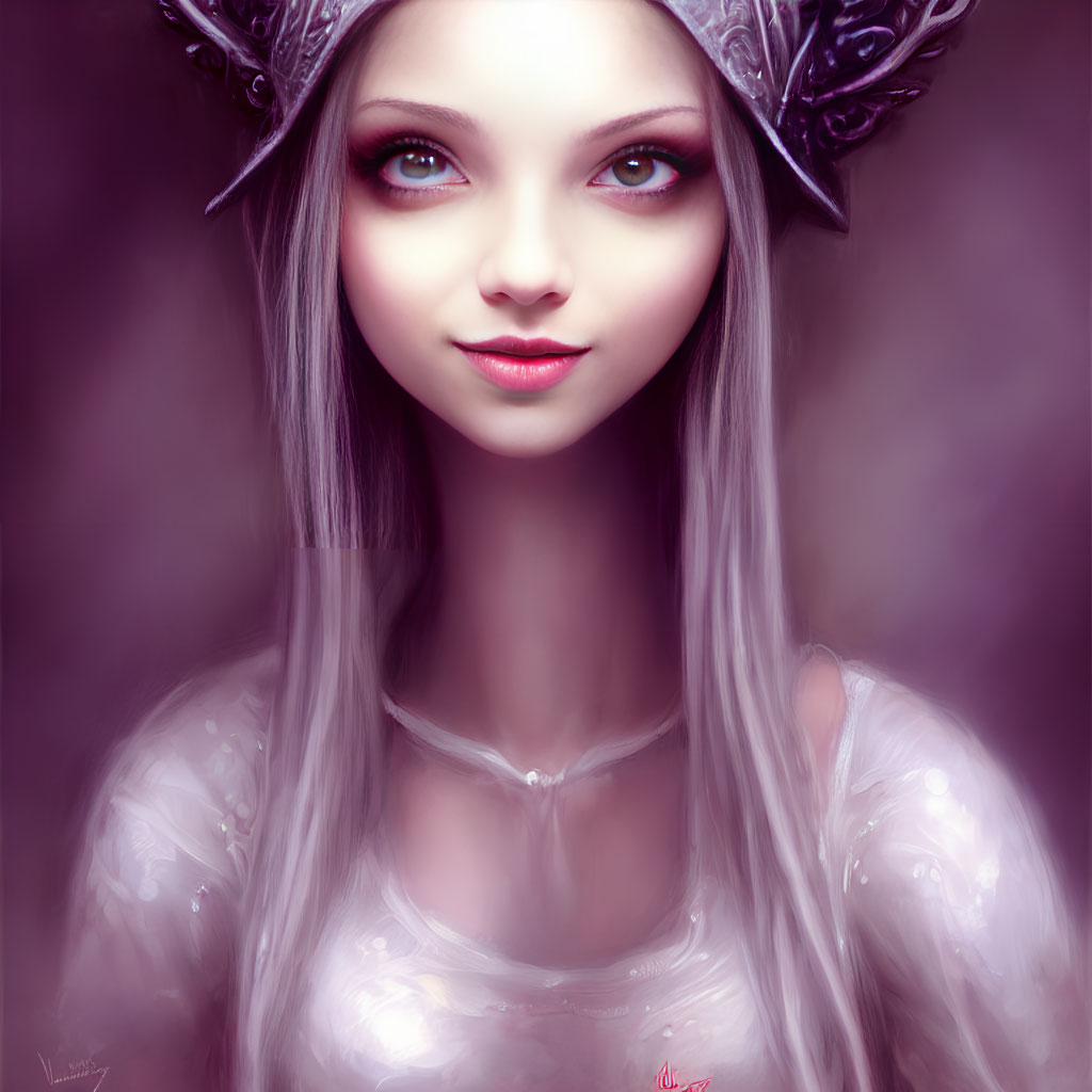 Fantasy female character with blue eyes, silver horns, and white garment