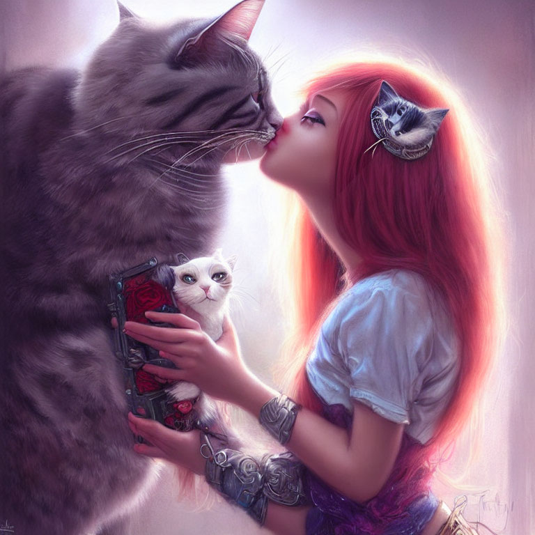 Illustration of woman with red hair kissing grey cat with cat ears, holding white kitten and cat-faced