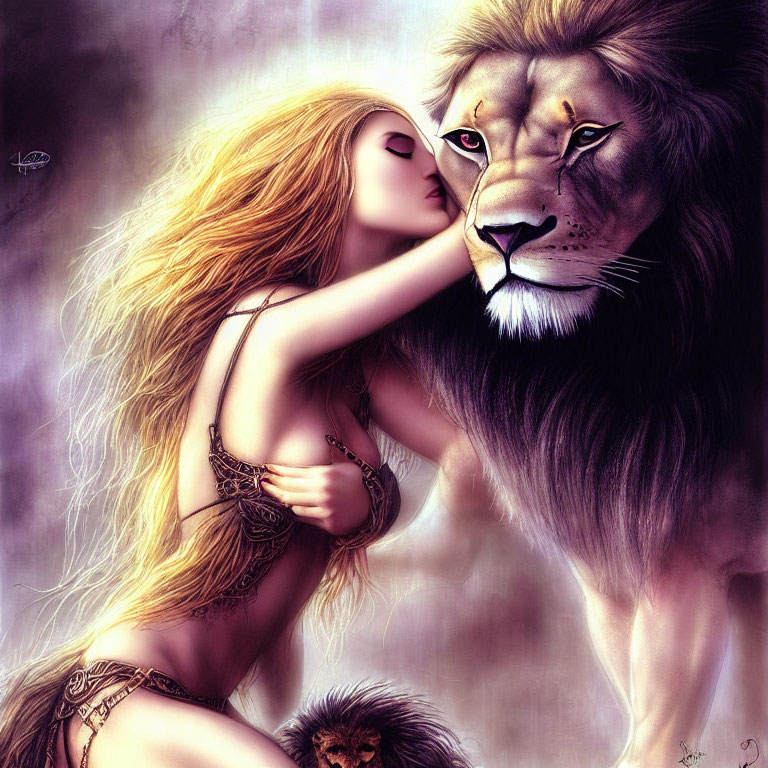 Blonde Woman in Tribal Attire Embraces Majestic Lion