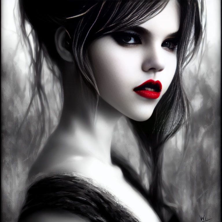 Monochromatic portrait of woman with red lips and dark eye makeup