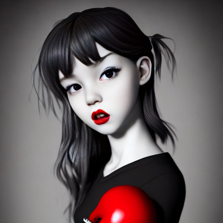 Girl with Large Eyes Holding Apple in Digital Art