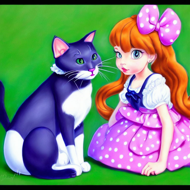 Girl with Pink Bow Sitting Next to Black and White Cat on Green Background