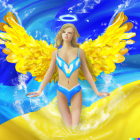 Angelic figure with blue-tinted wings on celestial blue background