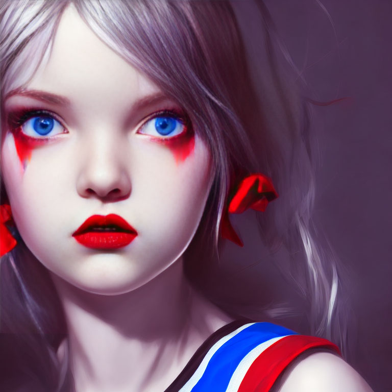 Animated character with blue eyes, red cheek marks, ribbon, and striped top