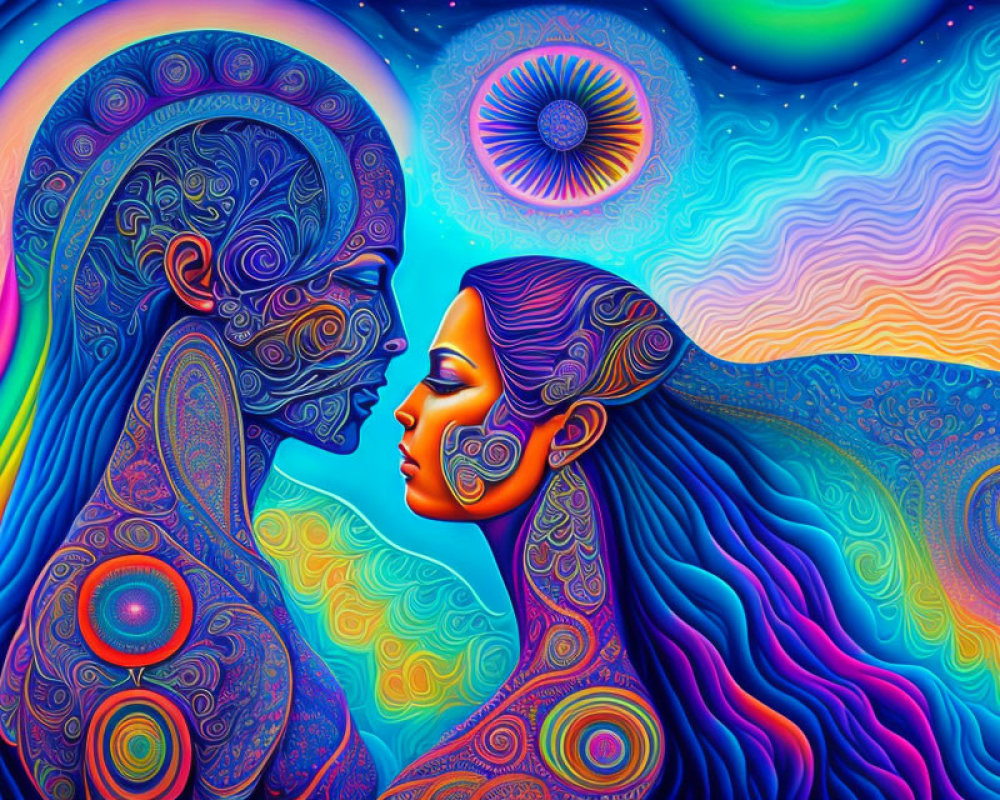 Colorful Psychedelic Illustration of Man and Woman in Profile with Cosmic Background