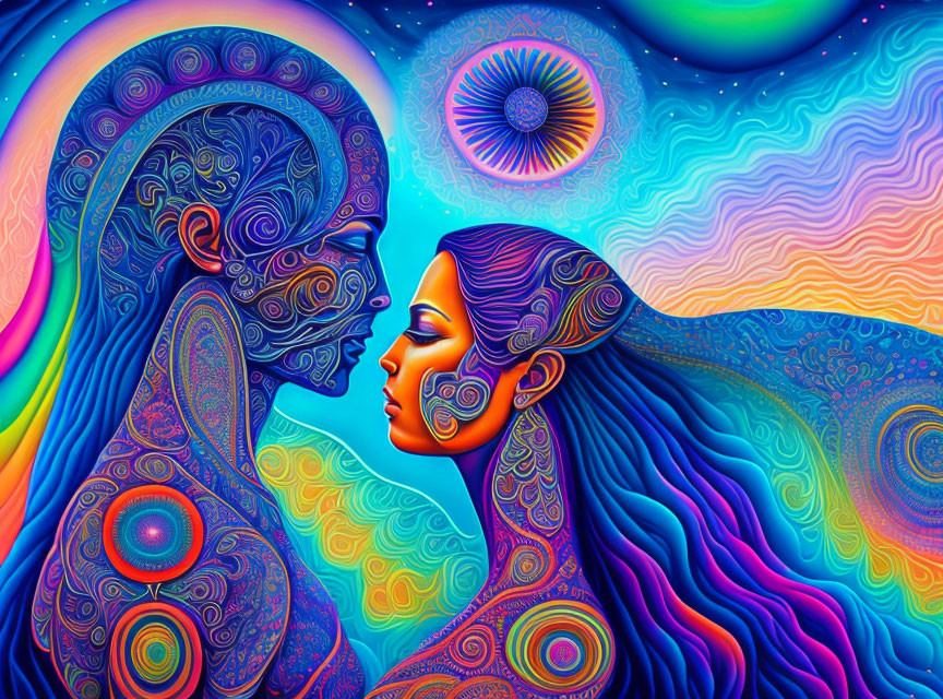 Colorful Psychedelic Illustration of Man and Woman in Profile with Cosmic Background