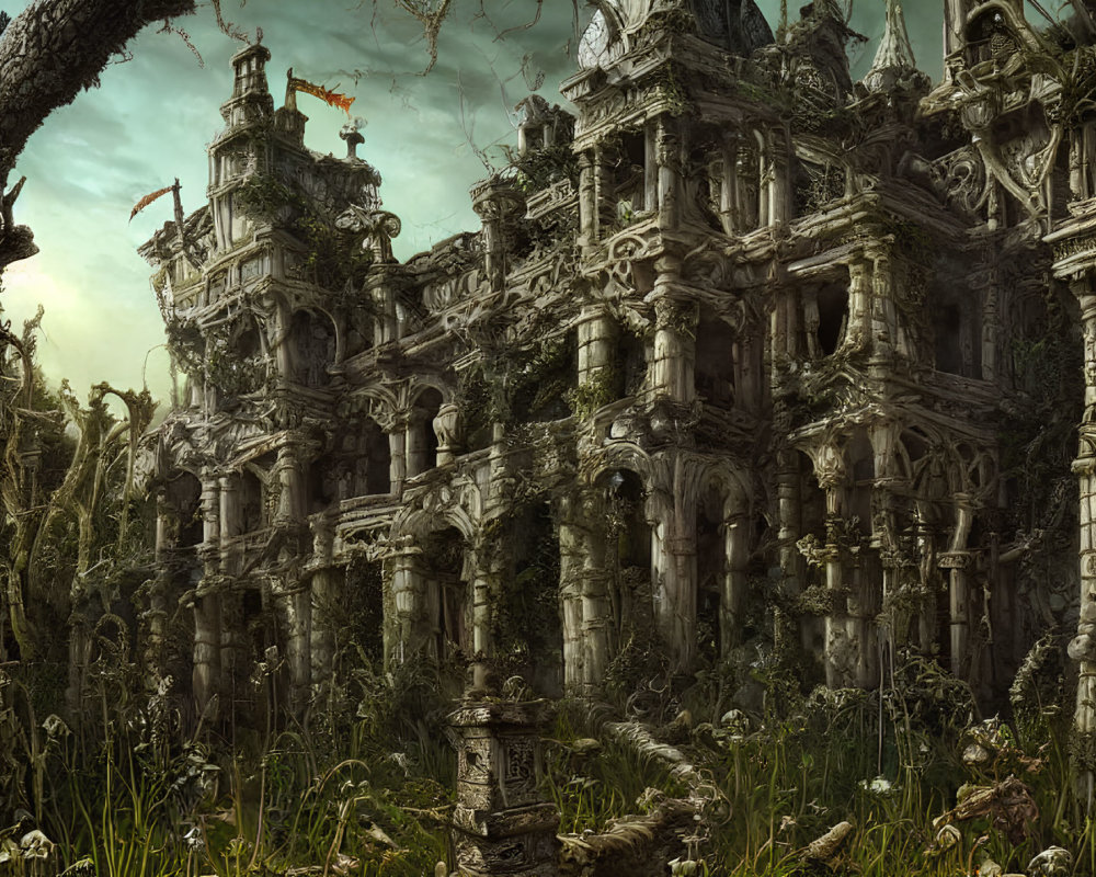 Abandoned stone palace with weathered statues in eerie forest