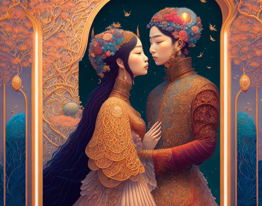 Illustration of two characters embracing in ornate clothing with autumn tree motif background
