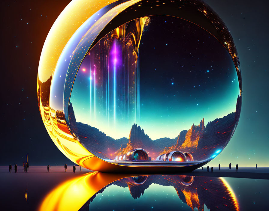 Futuristic spherical structure on glossy surface under starry sky with people and colorful lights.
