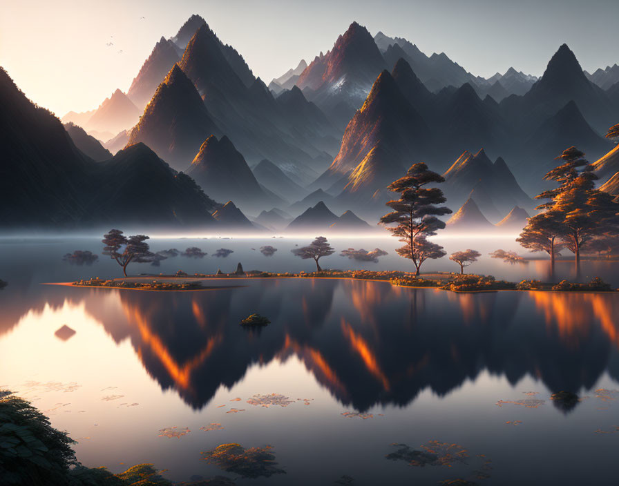 Scenic lake with mountains, trees, and islands at sunrise or sunset