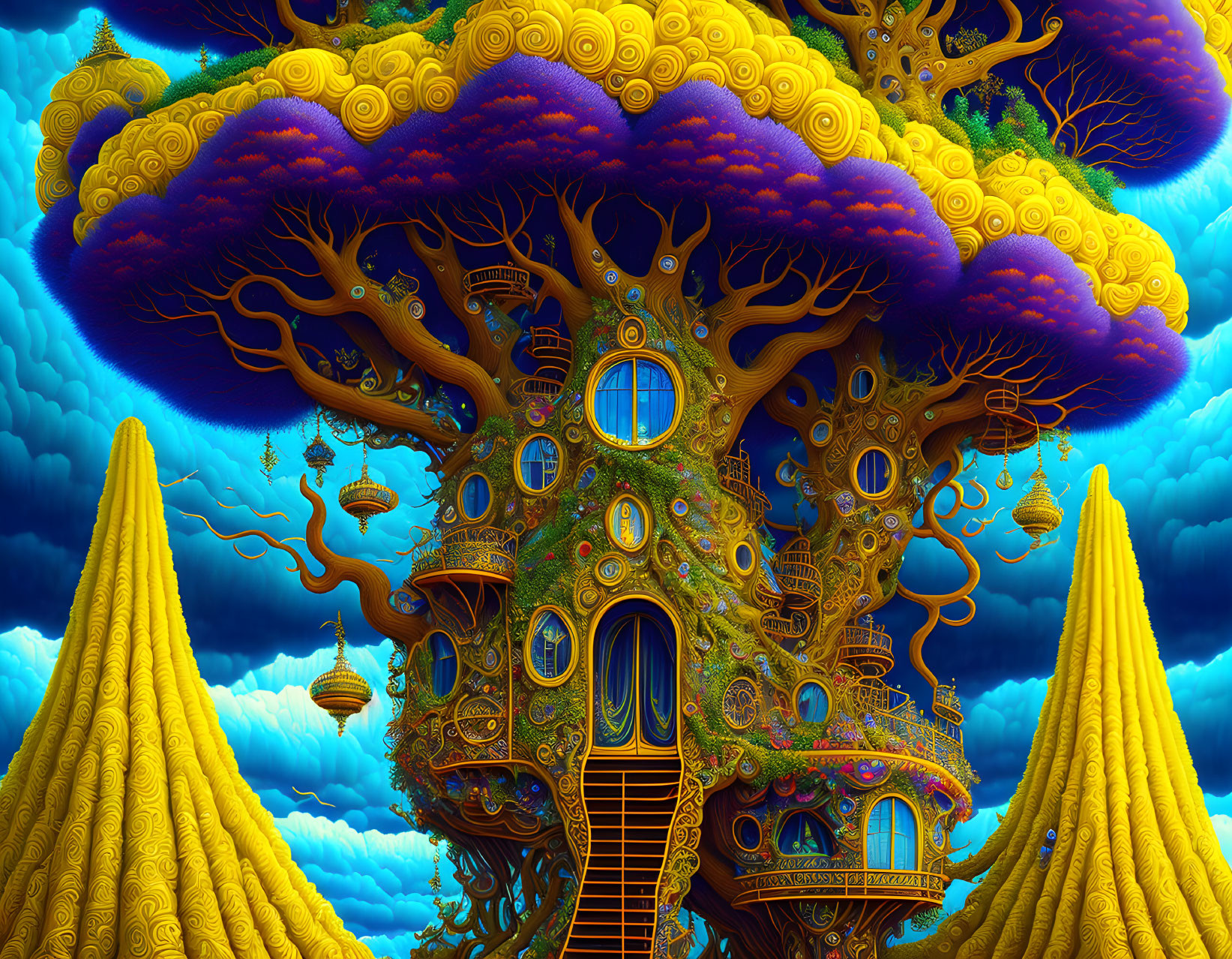 : treehouse with yellow highlights
