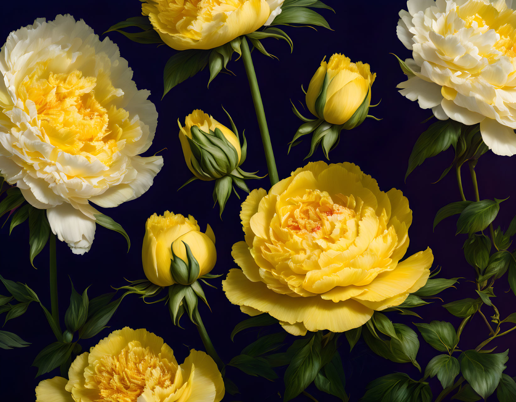 yellow peonies and roses