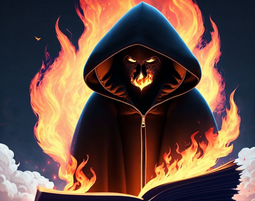 Mysterious hooded figure with glowing owl face and flaming book