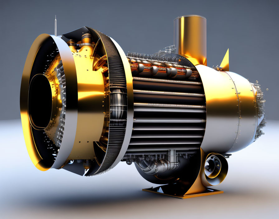 Detailed 3D rendering of metallic jet engine parts