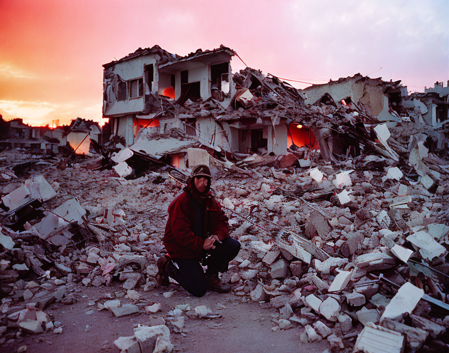 Person squatting in rubble under twilight sky