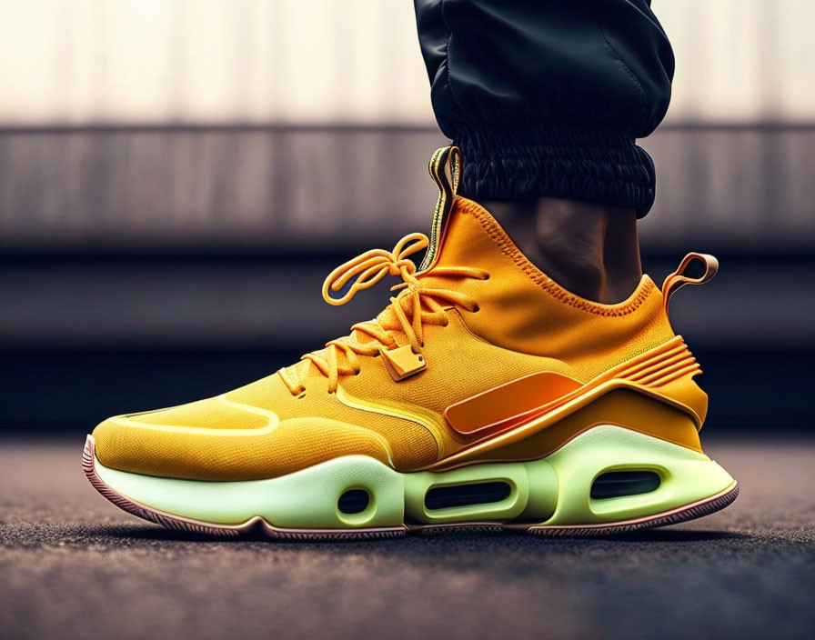 Bold Yellow and White Sneaker with Air Pods on Sole Against Blurred Background
