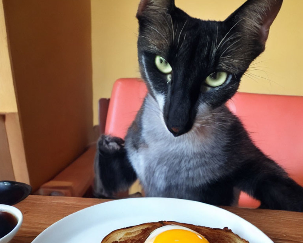 Black cat with green eyes eyeing sunny-side-up egg on toast at table