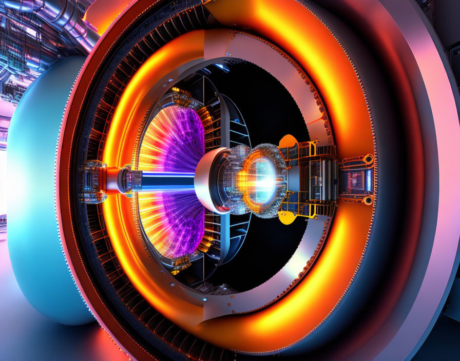 Detailed 3D rendering of futuristic engine with neon blue and purple hues