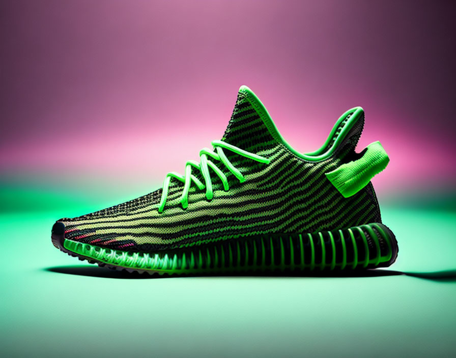 Green and Black Striped Sneaker on Pink Gradient Background