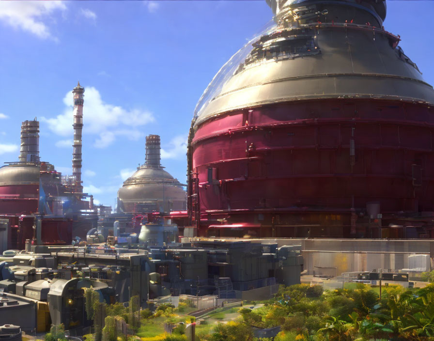 Futuristic industrial complex with shiny domes and towers in green landscape