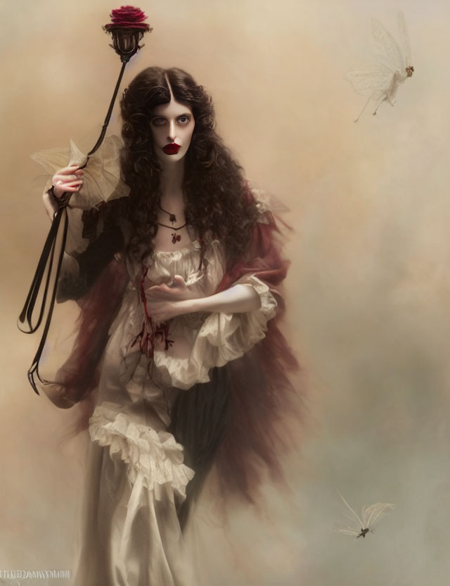 Gothic woman in vintage dress with black rose, foggy backdrop, and ethereal moths