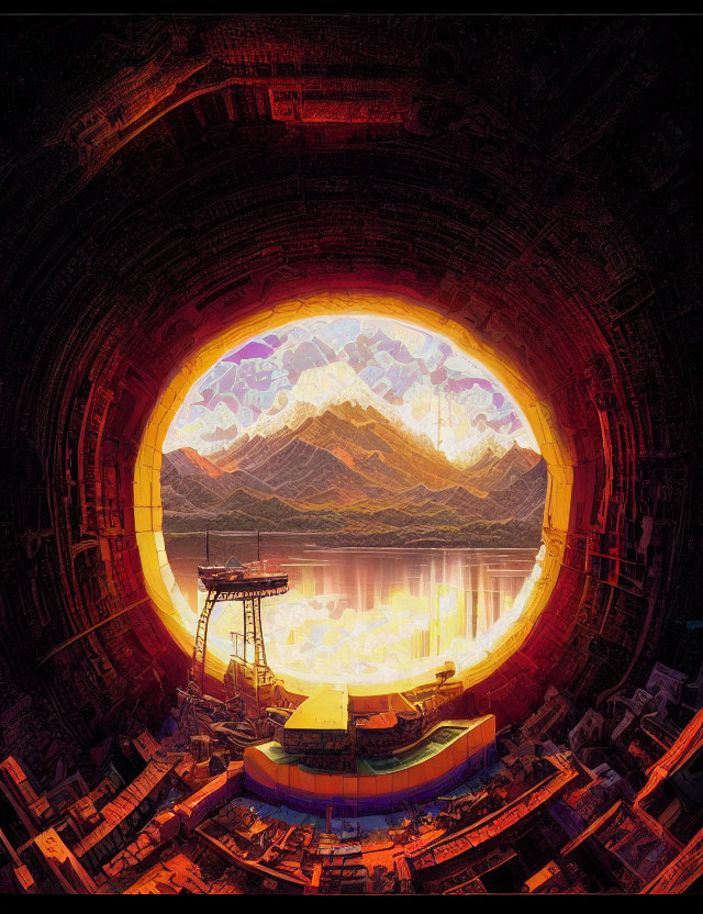 Futuristic sci-fi scene: Mountain view through circular opening