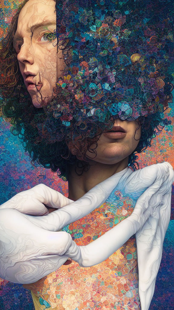 Colorful digital artwork blending two people with intricate patterns
