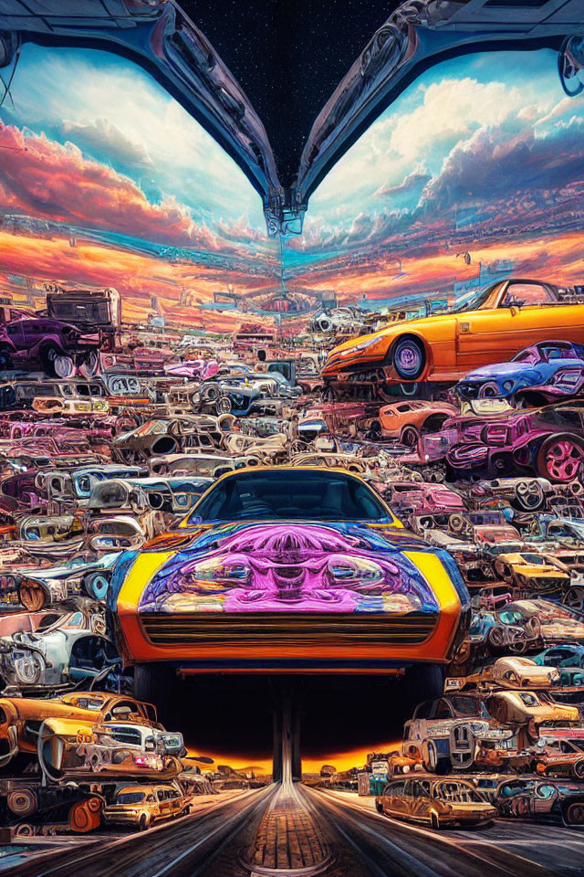 Surreal landscape of stacked cars with purple-skulled vehicle under colorful sky