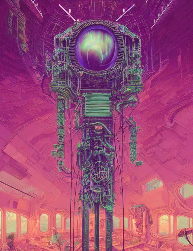 Futuristic cybernetic structure with glowing eye in sci-fi room