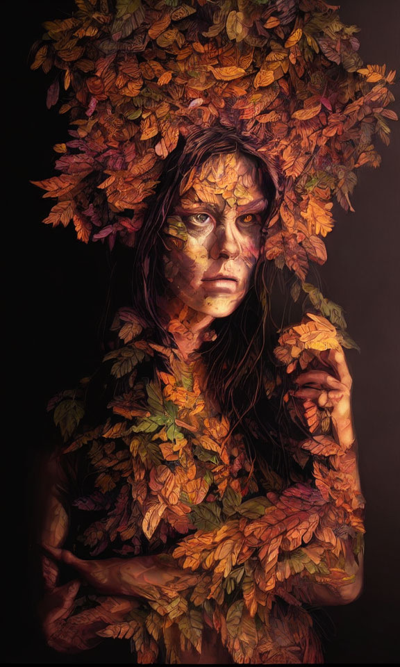 Person covered in autumn leaves with contemplative expression