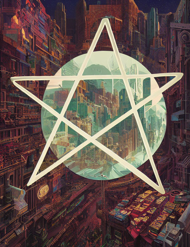 Detailed futuristic cityscape with white pentagram overlay