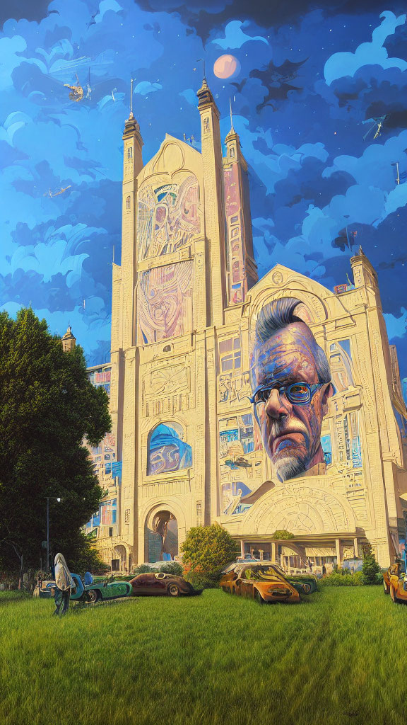 Futuristic cityscape featuring ornate building with giant face, flying vehicles, and people under blue