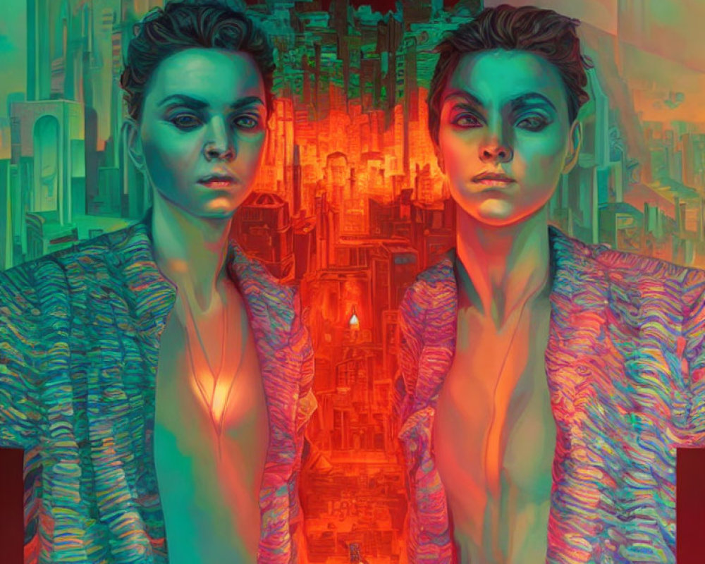 Symmetrical Woman Portraits in Red and Blue Tones on Futuristic City Background