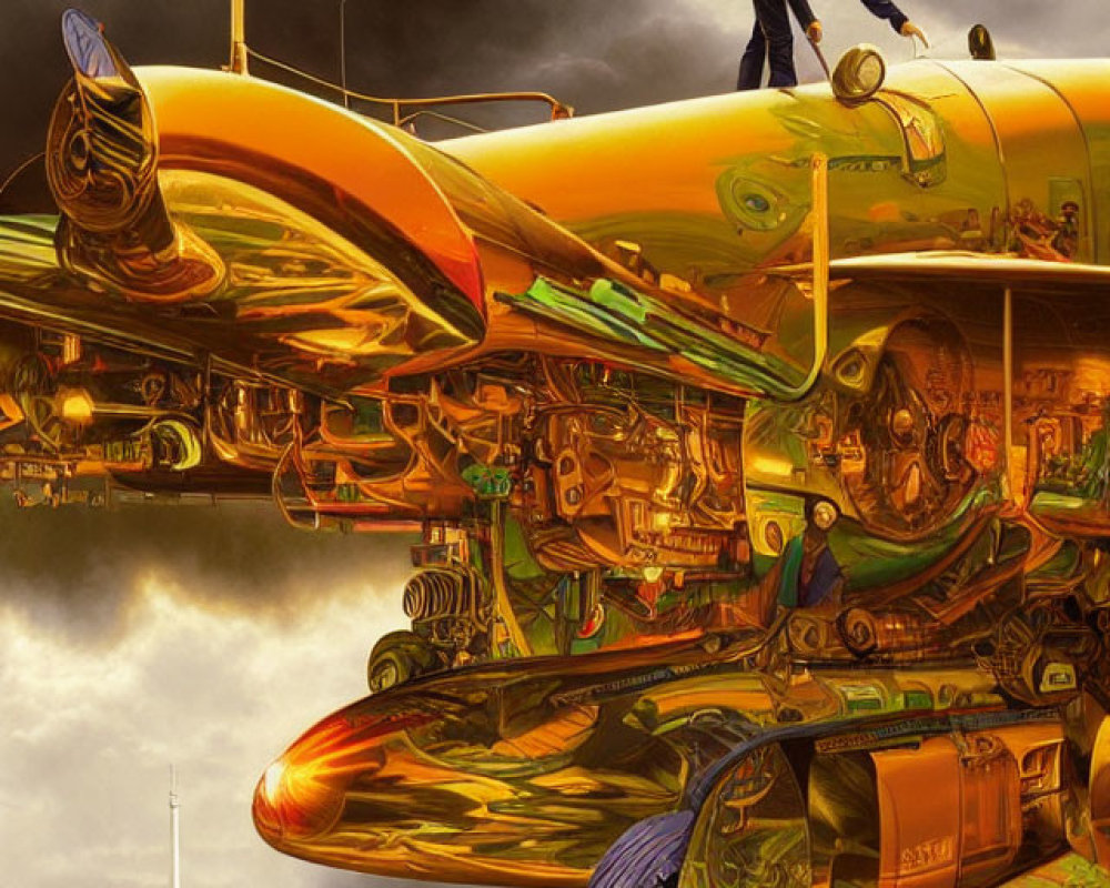Detailed Cutaway Illustration of Futuristic Gold Aircraft Mechanics