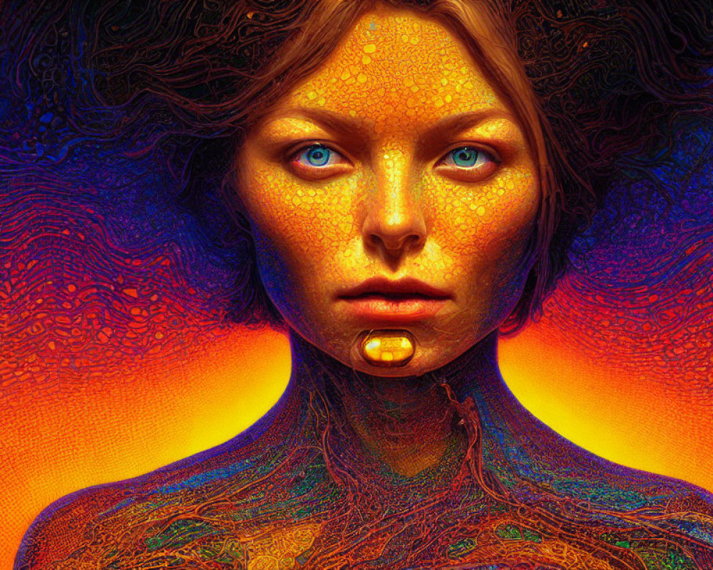 Colorful Psychedelic Portrait of Woman with Intense Blue Eyes