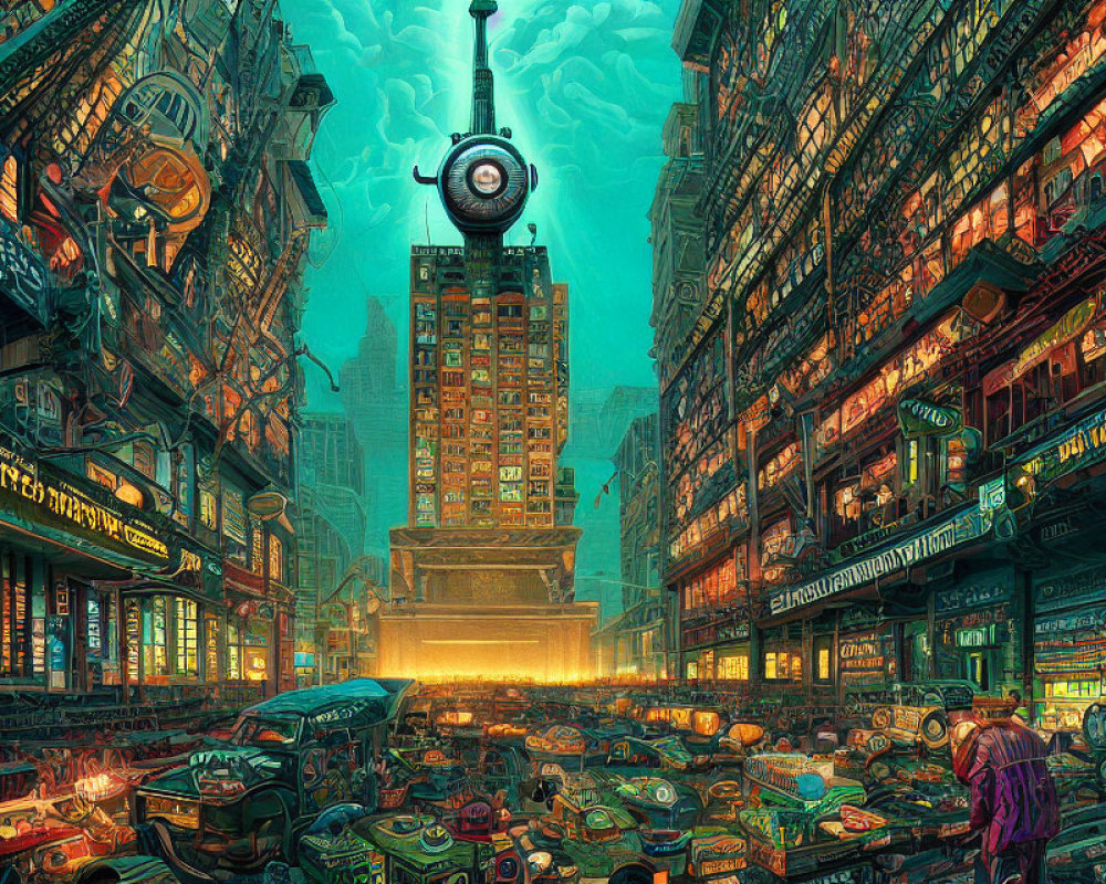 Futuristic cyberpunk cityscape at dusk with neon signs, crowded streets, towering buildings, and