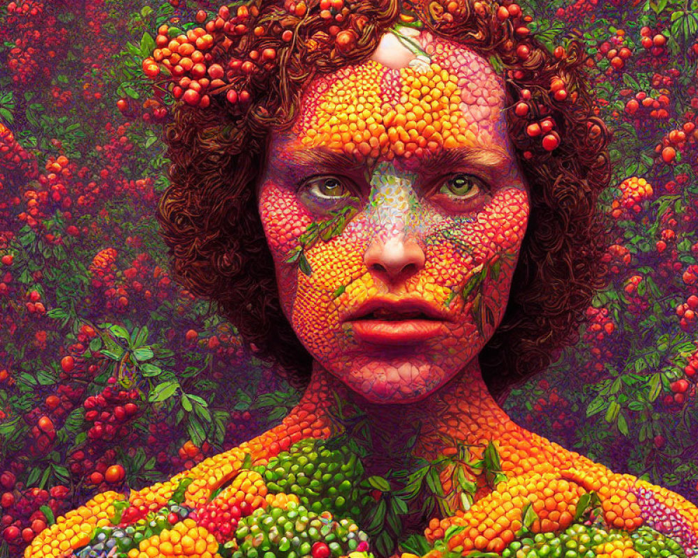 Person's Face and Body Camouflaged with Berries and Leaves in Vibrant Textures