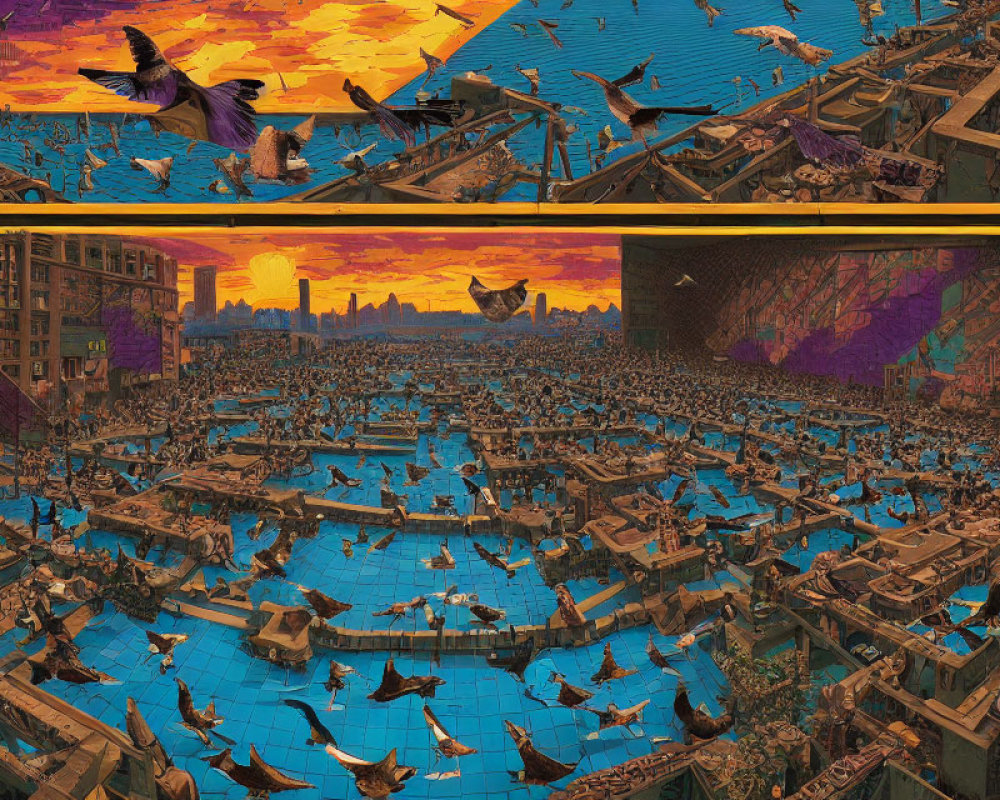 Dystopian landscape with submerged buildings, orange sky, and scattered civilization.