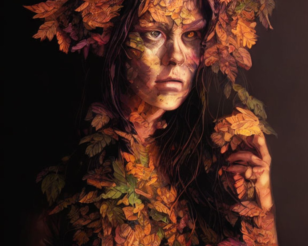 Person covered in autumn leaves with contemplative expression