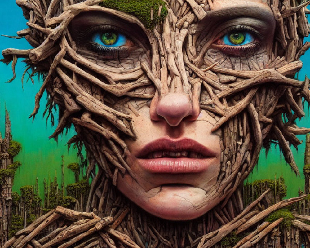 Fantasy portrait of woman with green eyes merged with wooden branches on blue backdrop