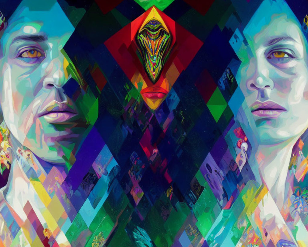 Colorful Abstract Art: Symmetrical Faces & Geometric Shapes